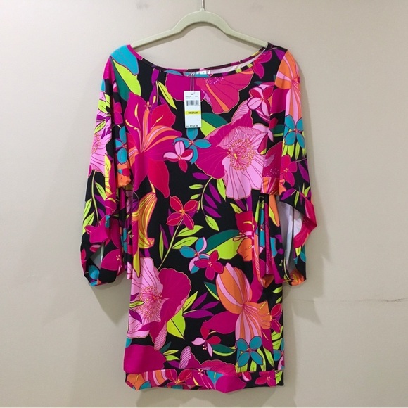 New  Trina Turk SOLAR FLORAL TUNIC SWIM COVER UP Dress Beach Resort Cruise SZ M - Picture 2 of 7